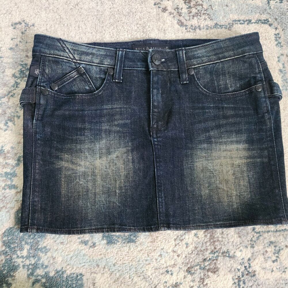 Rock & Republic Womens 8 Jean Mini Skirt Lighting Blue Washed Dark Denim Groupie